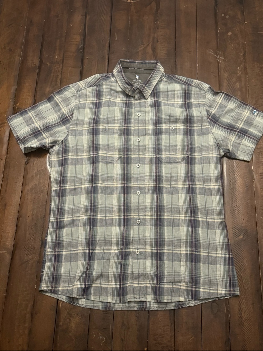 KÜHL Men's Short Sleeve Plaid Button Up Shirt SizeL Blue Slate Cream Linen Blend